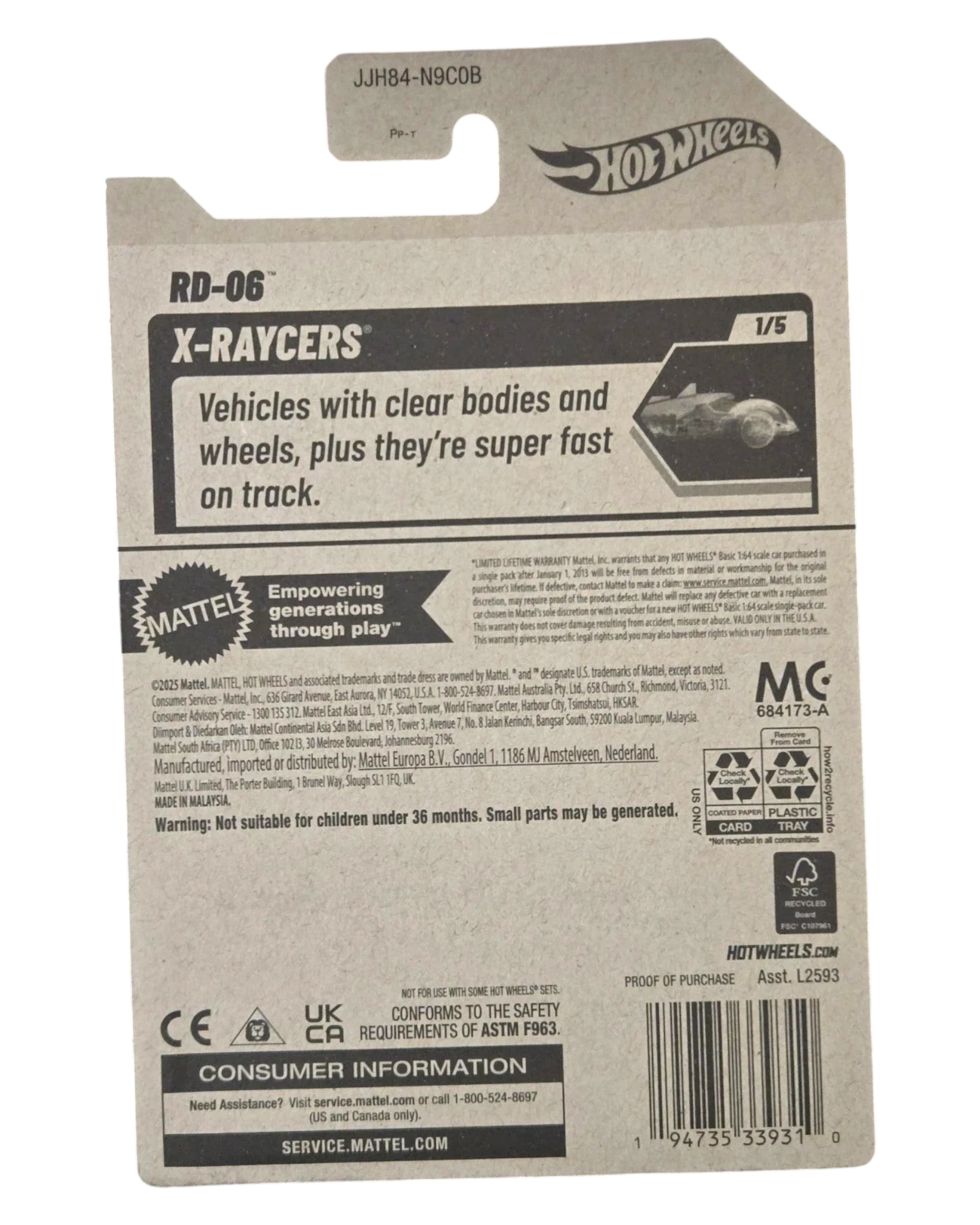 More Than Diecast Hot Wheels X-Raycers RD-06 toy car packaging with product details and warnings.