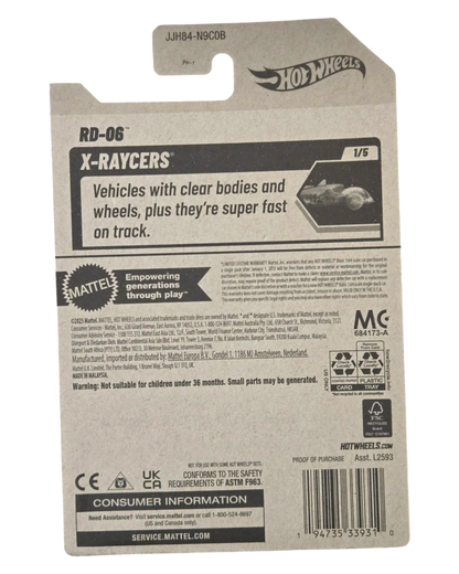 More Than Diecast Hot Wheels X-Raycers RD-06 toy car packaging with product details and warnings.