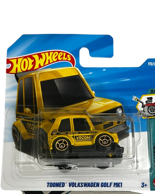 More Than Diecast Hot Wheels Tooned yellow Volkswagen Golf MK1 die-cast car in short card packaging