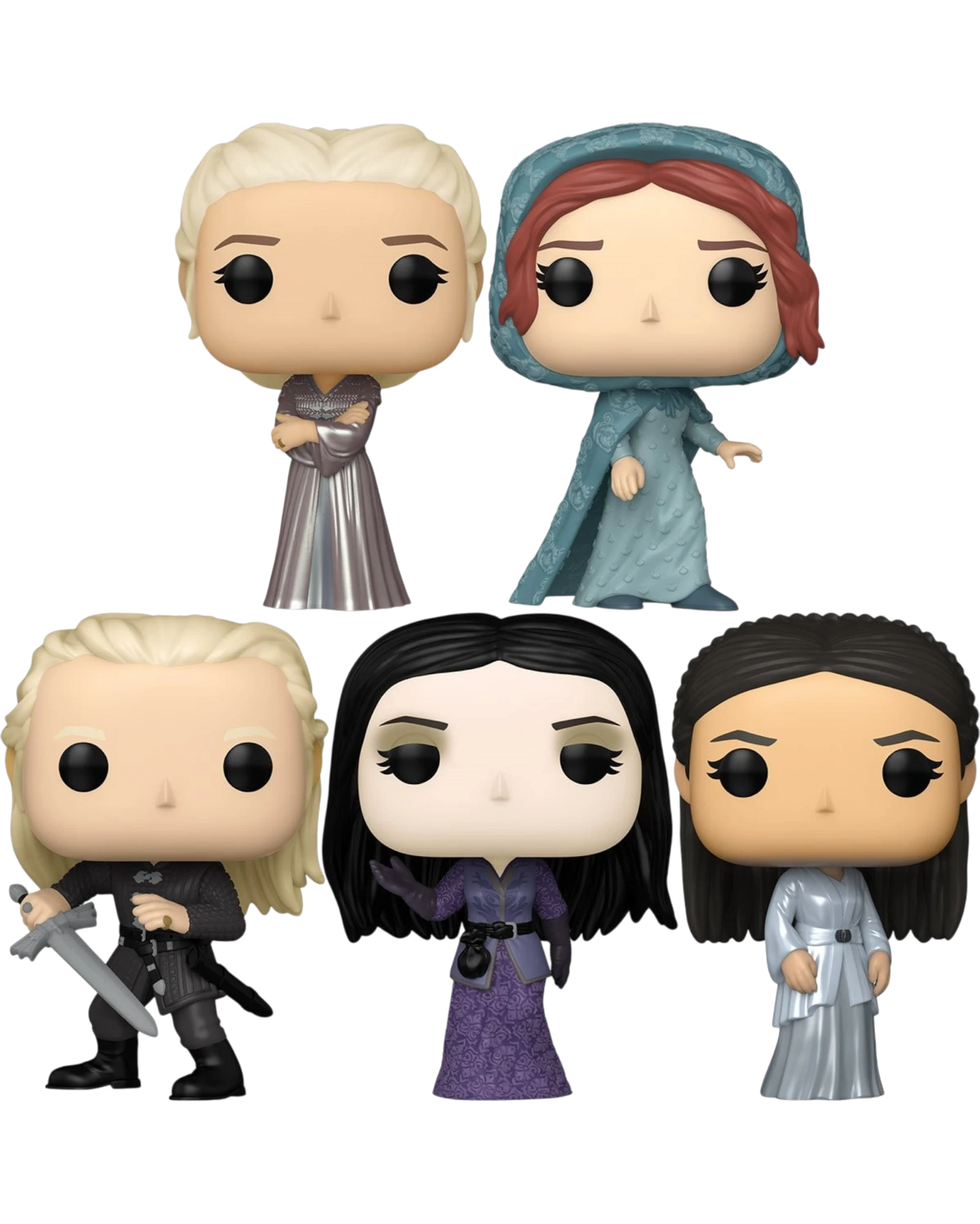 More Than Diecast House of the Dragon Funko Pop! figures: Alicent Hightower, Rhaenyra Targaryen, Daemon Targaryen, Alys Rivers, and Mysaria. Vinyl figures.
