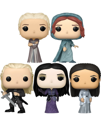 More Than Diecast House of the Dragon Funko Pop! figures: Alicent Hightower, Rhaenyra Targaryen, Daemon Targaryen, Alys Rivers, and Mysaria. Vinyl figures.