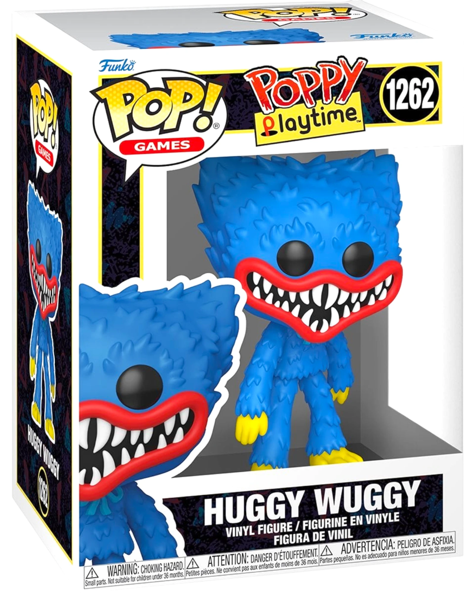 More Than Diecast Poppy Playtime Huggy Wuggy Funko Pop! Vinyl Figure #1262, blue fuzzy creature with red mouth and yellow feet.