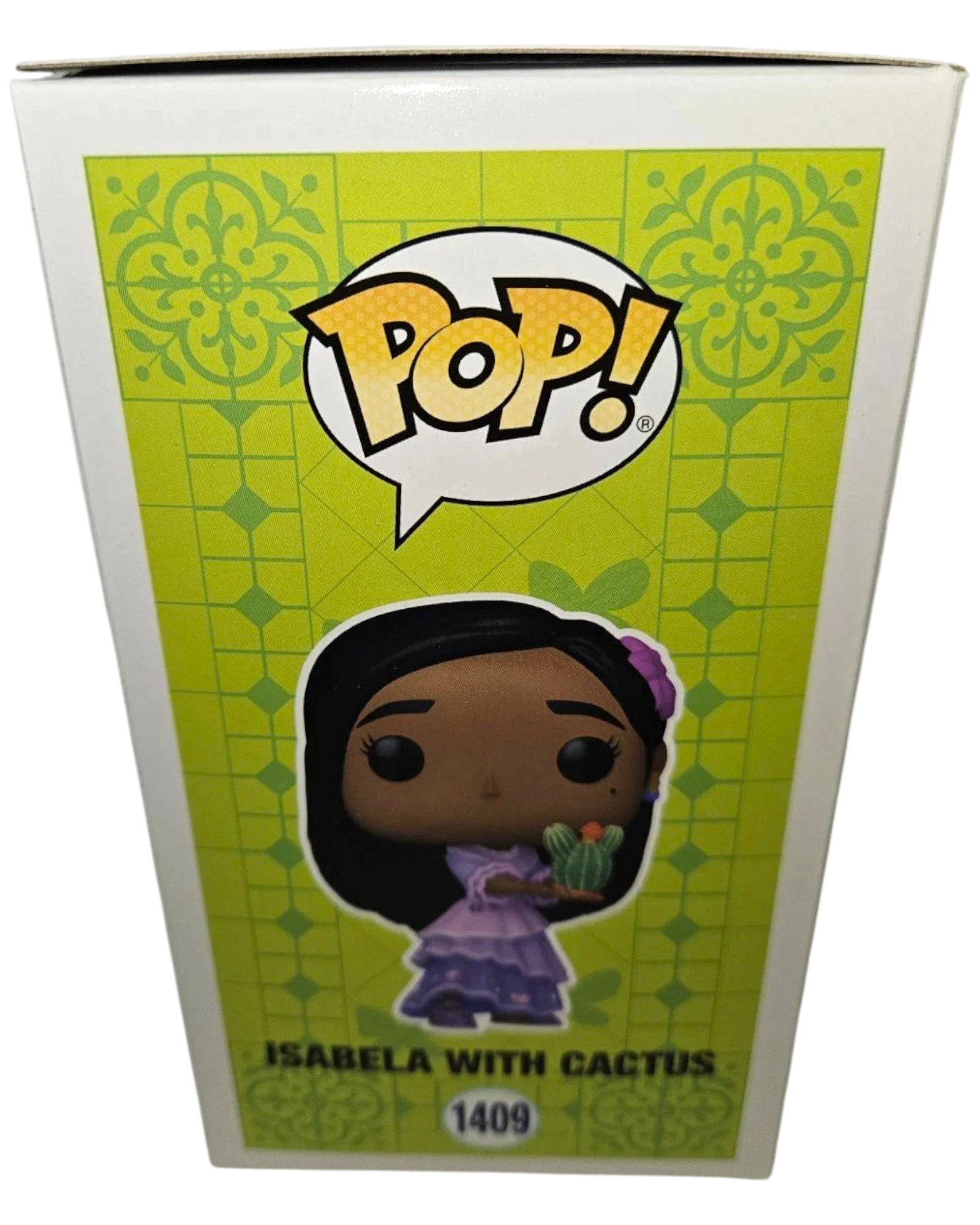 More Than Diecast Funko Pop! Disney's Isabela with Cactus #1409 vinyl figure. Isabela wears a purple dress and holds a small cactus.