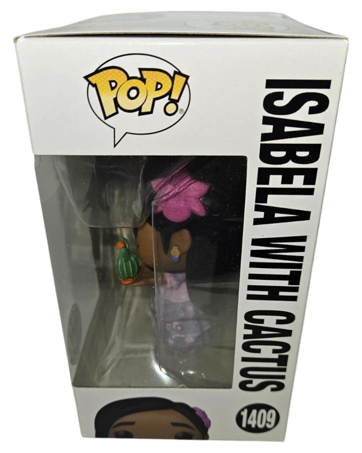 More Than Diecast Funko Pop! Disney Isabela with Cactus vinyl figure #1409. Isabela wears a purple floral dress and holds a small cactus.