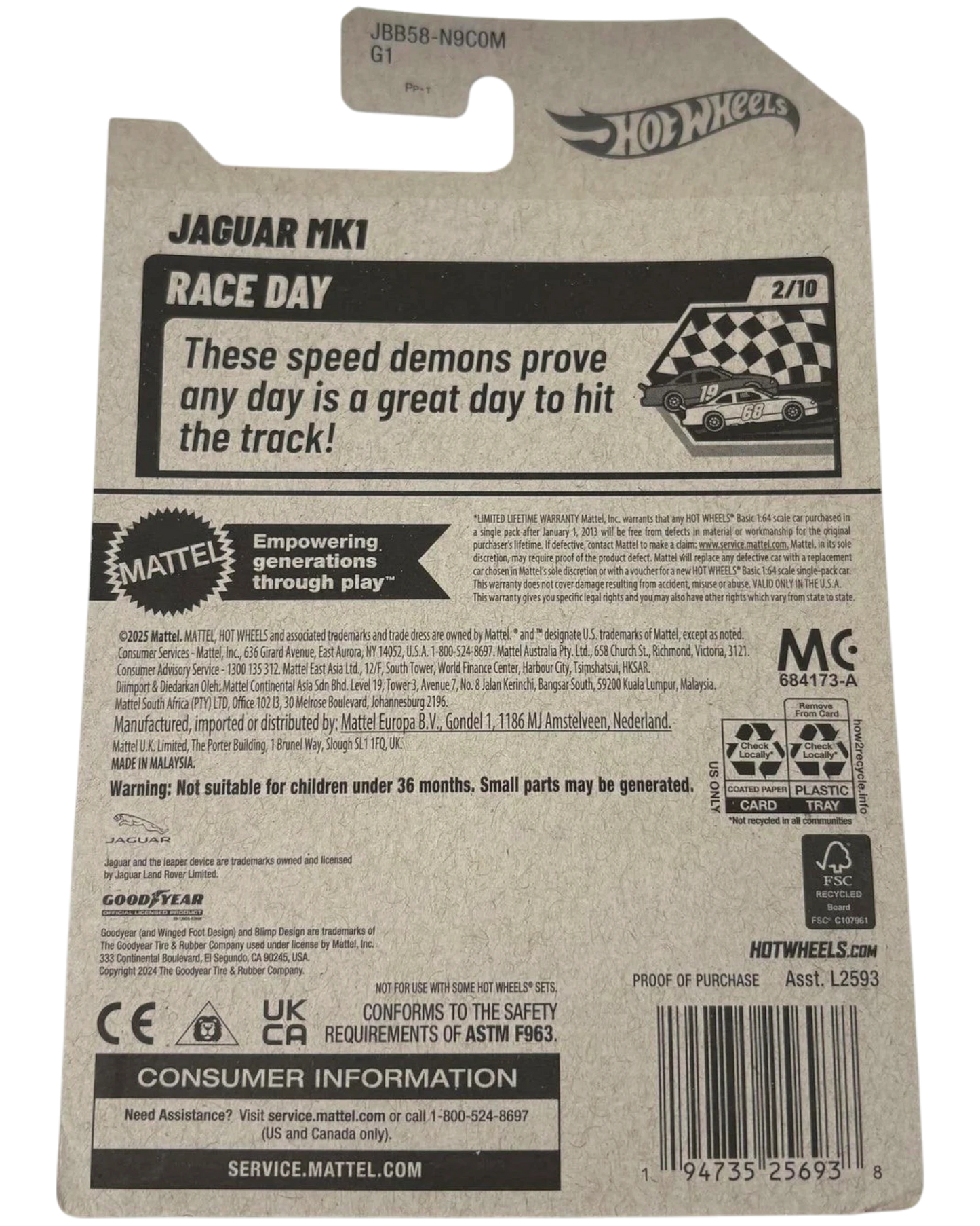 More Than Diecast Hot Wheels Jaguar MK1 Race Day card back with product information and safety warnings