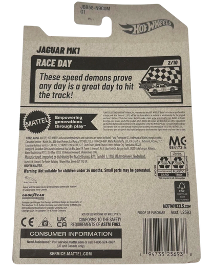More Than Diecast Hot Wheels Jaguar MK1 Race Day card back with product information and safety warnings