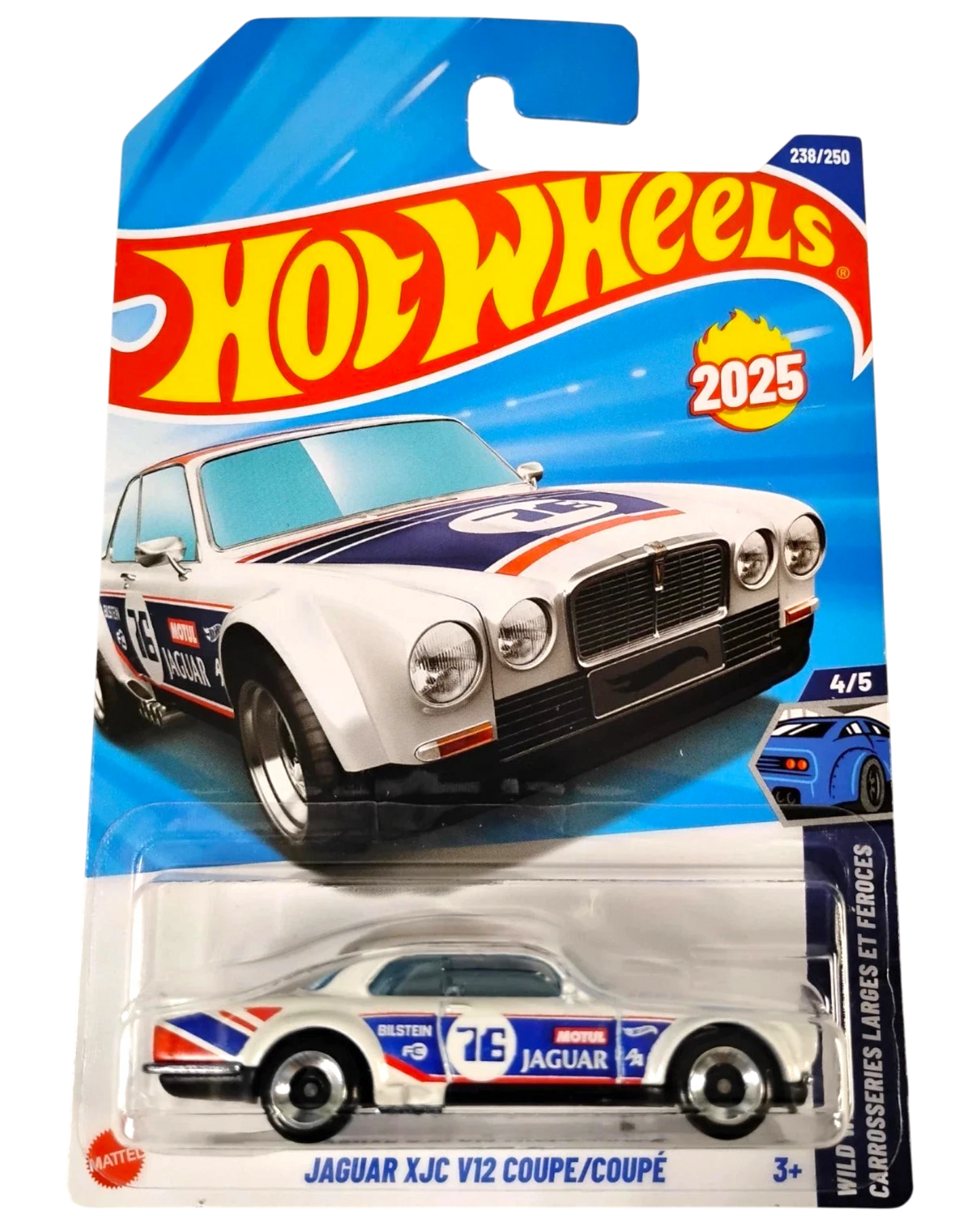 More Than Diecast 2025 Hot Wheels Jaguar XJC V12 Coupe diecast car in white with racing livery and widebody kit