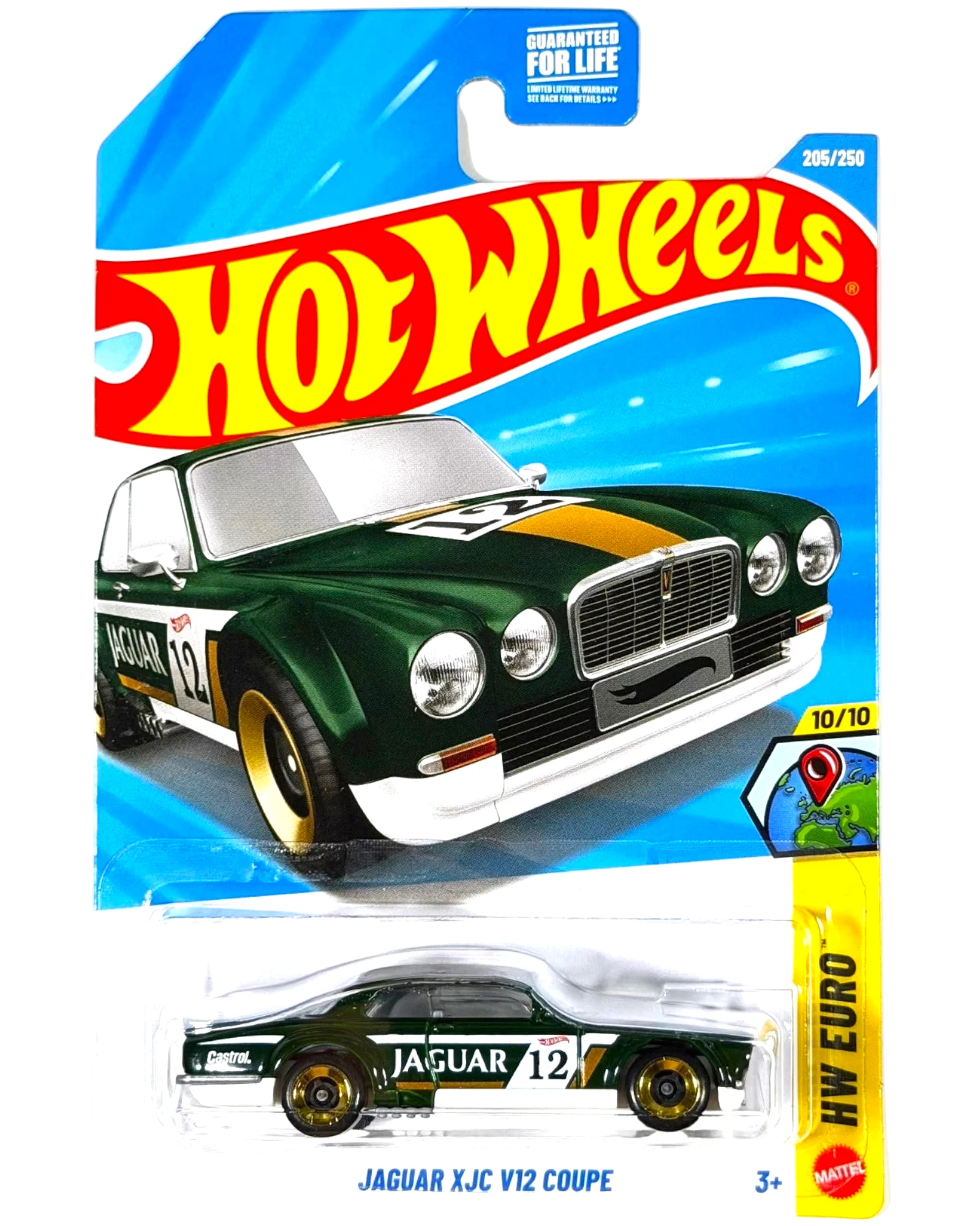 More Than Diecast Hot Wheels Jaguar XJC V12 Coupe in green with racing livery, number 12, and gold wheels on card.