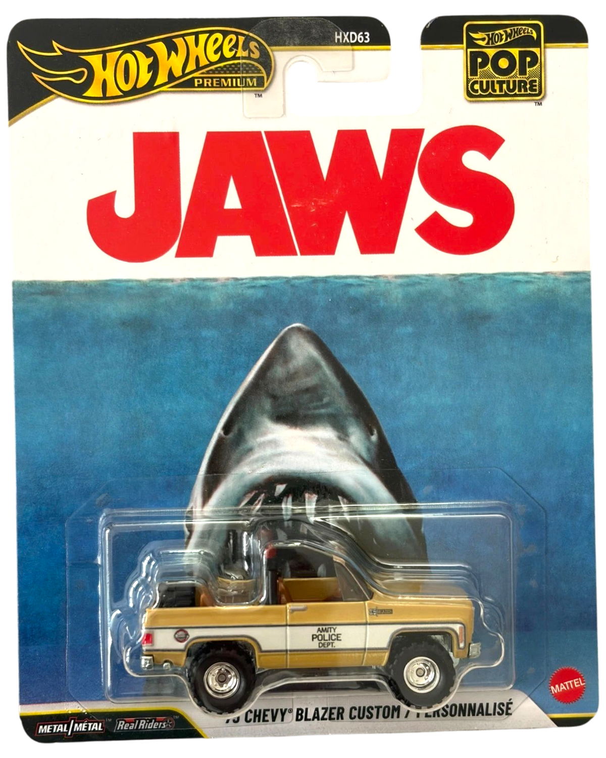 More Than Diecast Hot Wheels 2026 Jaws 1975 Chevrolet Blazer Custom diecast SUV in blister pack packaging
