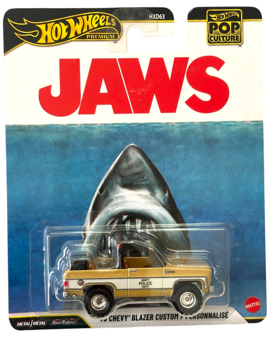 More Than Diecast Hot Wheels 2026 Jaws 1975 Chevrolet Blazer Custom diecast SUV in blister pack packaging