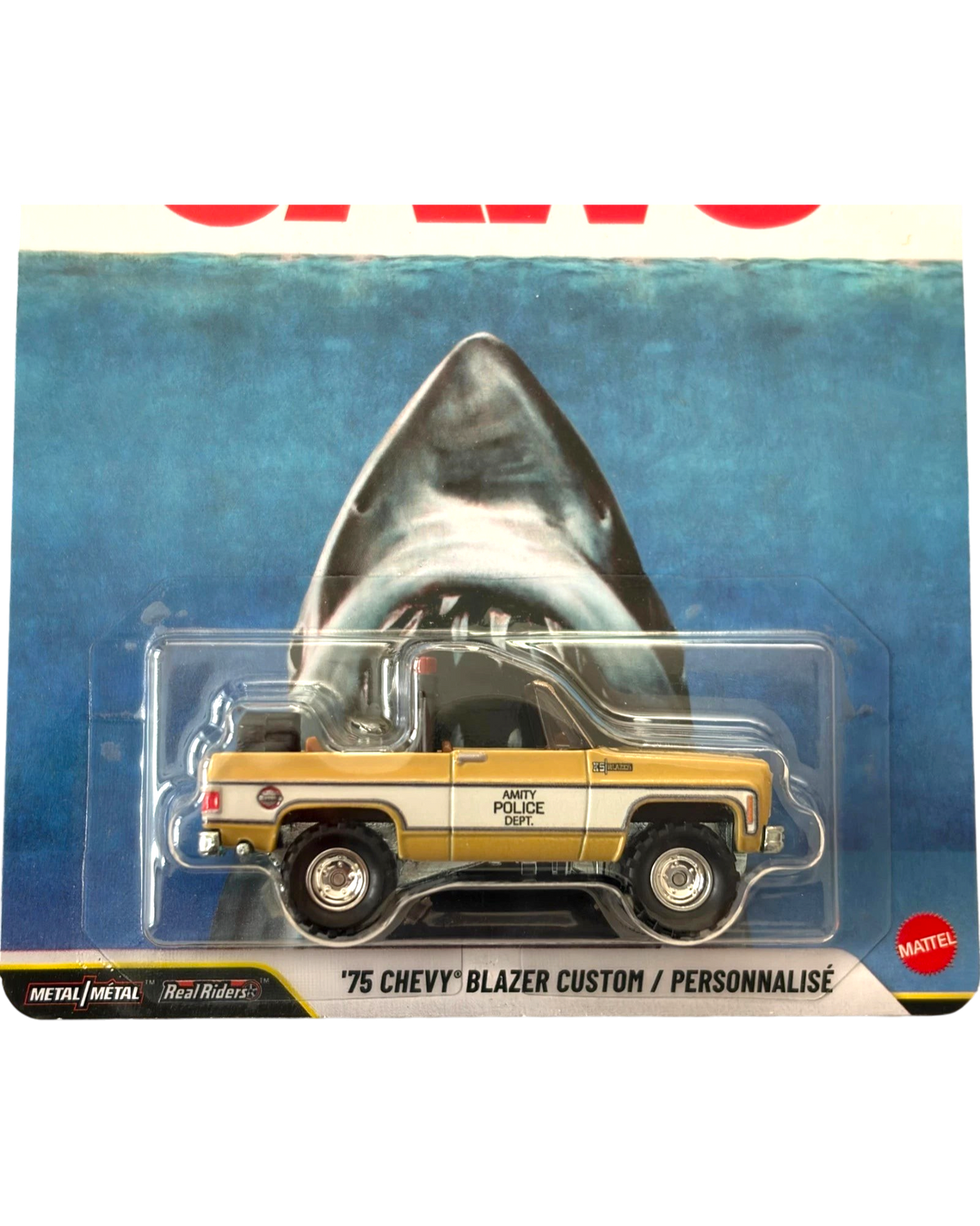 More Than Diecast Hot Wheels 2026 Jaws 1975 Chevrolet Blazer Custom diecast SUV in tan and white on blister card