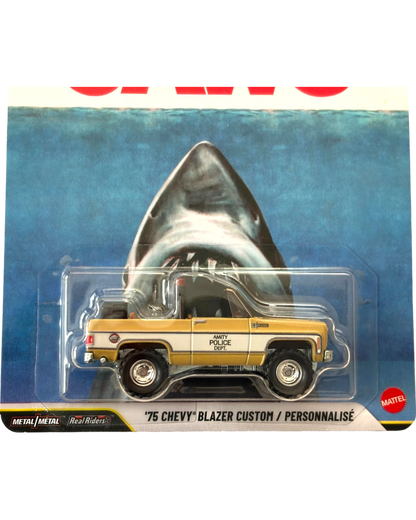 More Than Diecast Hot Wheels 2026 Jaws 1975 Chevrolet Blazer Custom diecast SUV in tan and white on blister card
