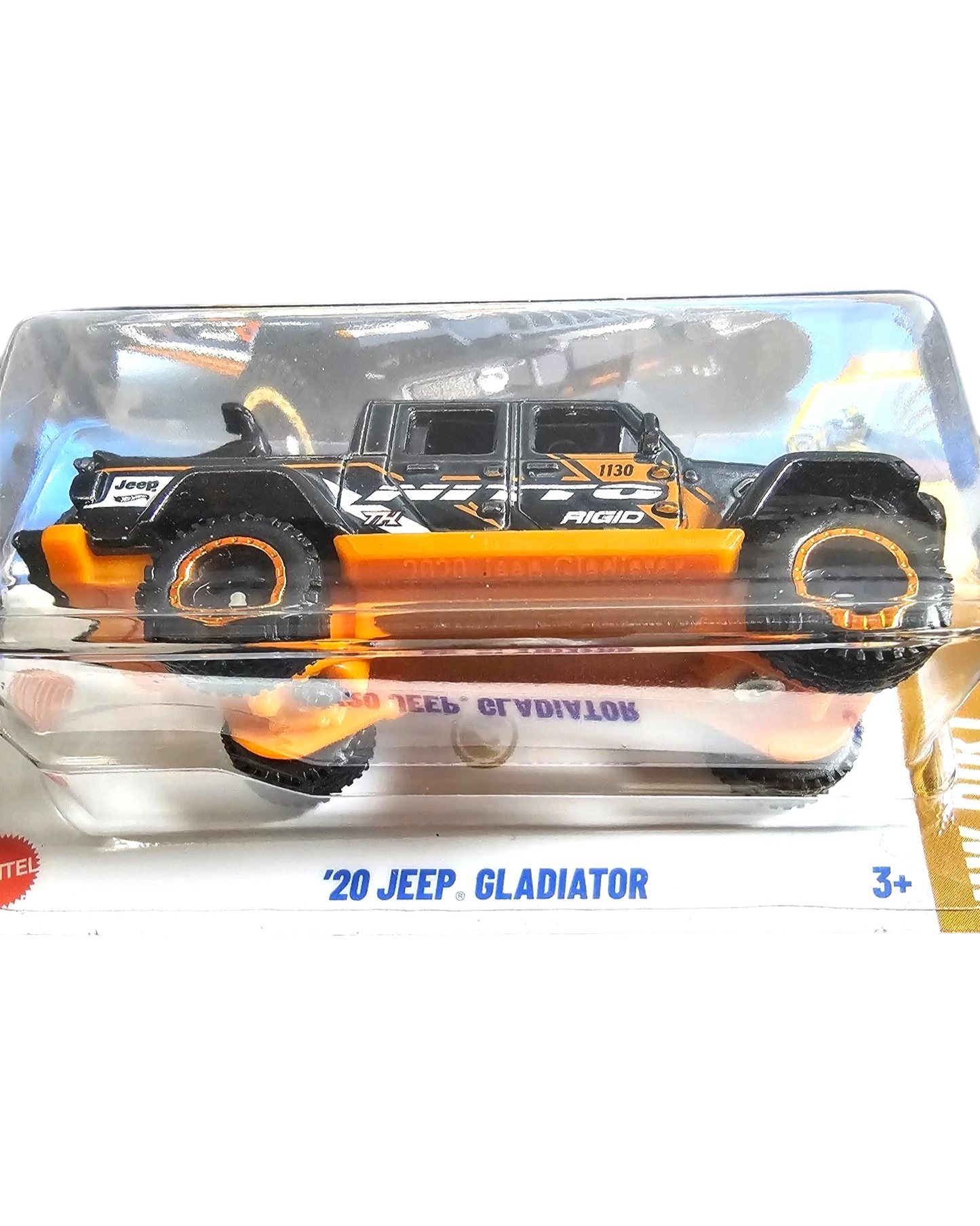More Than Diecast 2025 Hot Wheels Super Treasure Hunt 20 Jeep Gladiator in black and orange with Real Riders wheels