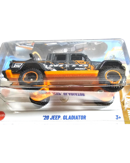 More Than Diecast 2025 Hot Wheels Super Treasure Hunt 20 Jeep Gladiator in black and orange with Real Riders wheels