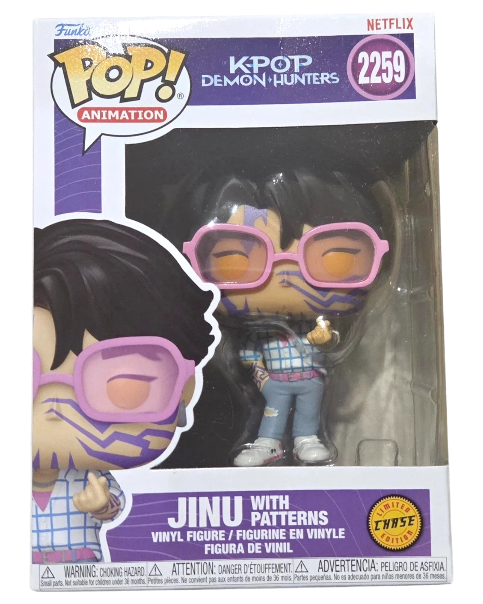 More Than Diecast Funko Pop Jinu Chase edition vinyl figure with pink glasses and patterned shirt in window box