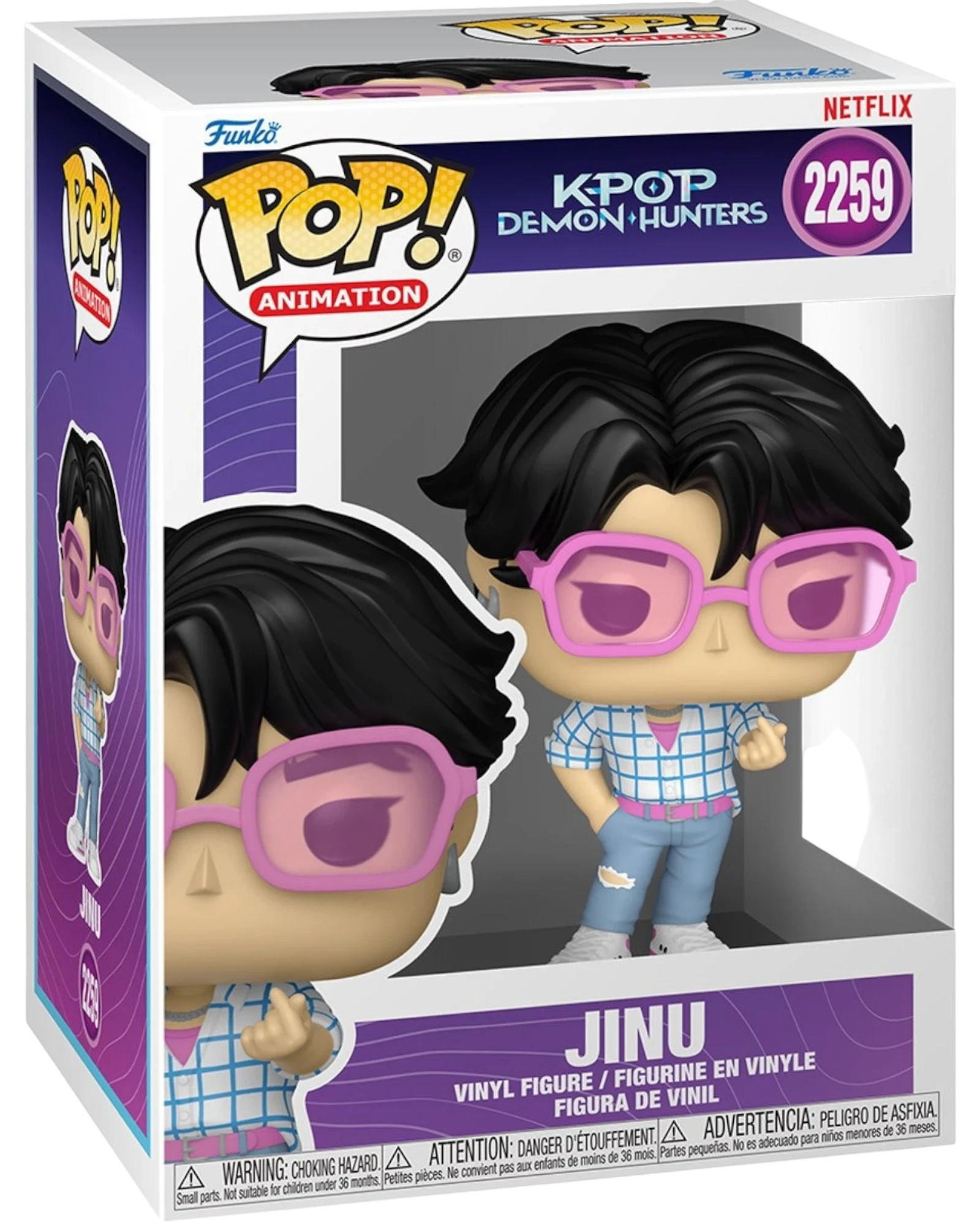 More Than Diecast KPop Demon Hunters Jinu Funko Pop vinyl figure #2259 in window display box with pink glasses.
