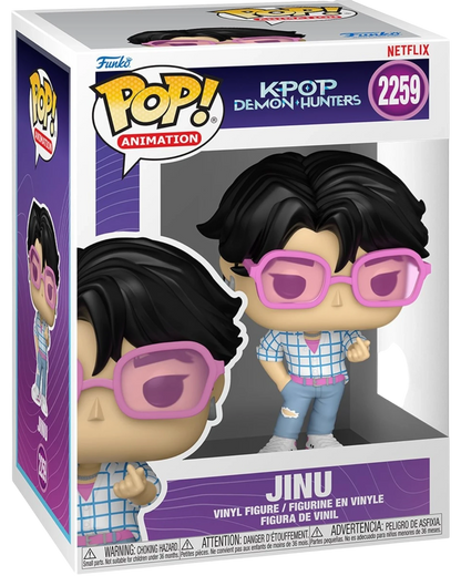More Than Diecast KPop Demon Hunters Jinu Funko Pop vinyl figure #2259 in window display box with pink glasses.