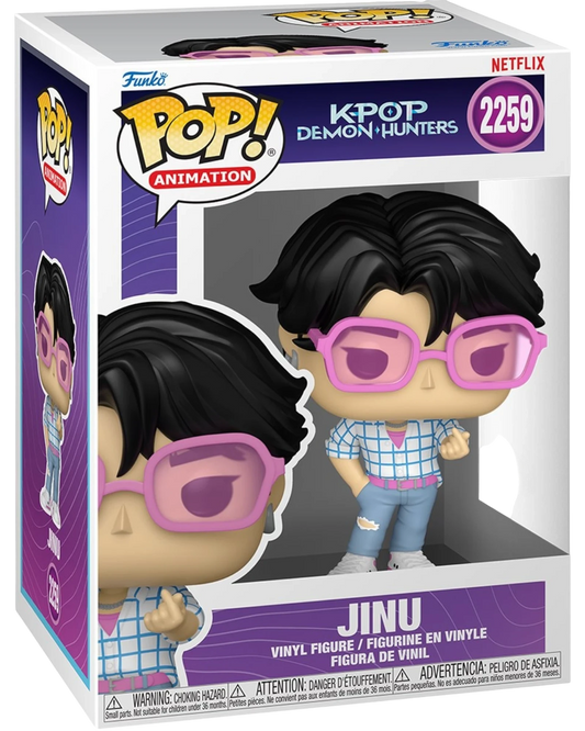 More Than Diecast KPop Demon Hunters Jinu Funko Pop vinyl figure #2259 in window display box with pink glasses.