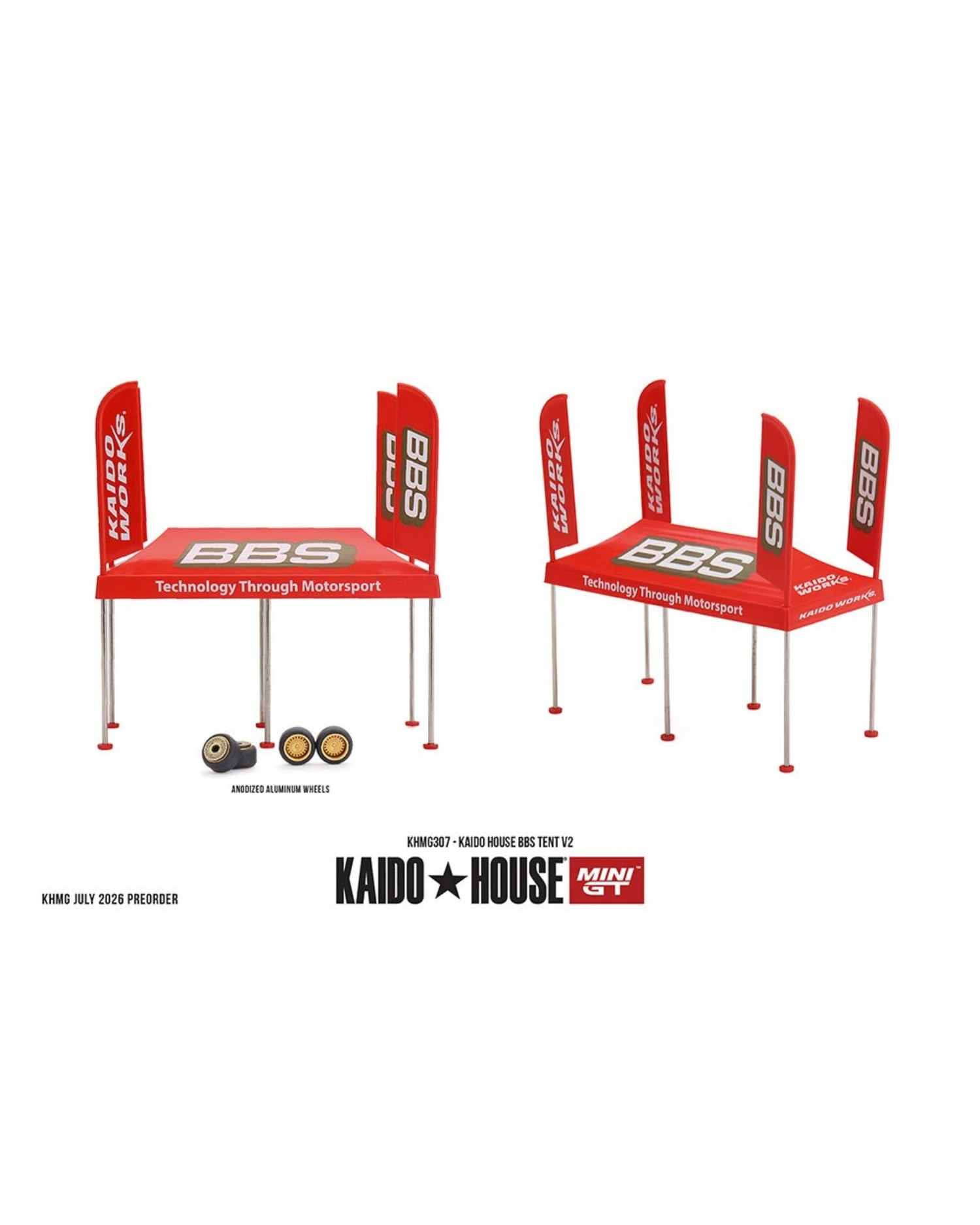 More Than Diecast Kaido House x Mini GT 1:64 scale BBS tent diorama accessory set with miniature aluminum wheels
