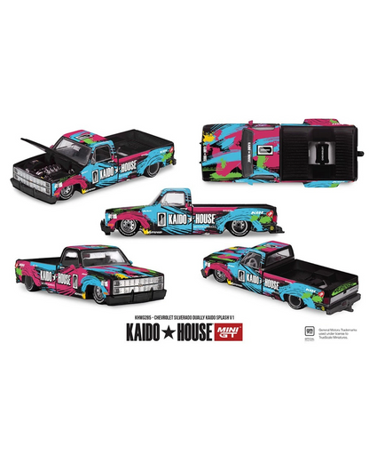 More Than Diecast Kaido House x Mini GT 1:64 Chevrolet Silverado Dually Kaido Splash V1 diecast model truck with vibrant abstract graphics.