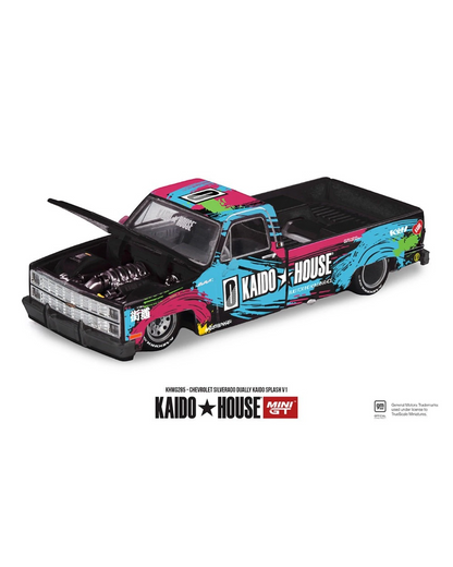 More Than Diecast Kaido House x Mini GT 1:64 Chevrolet Silverado Dually Kaido Splash V1 diecast model truck with vibrant graphics.