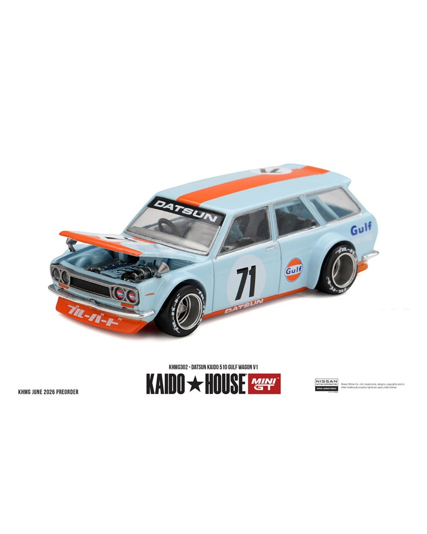 More Than Diecast Kaido House x Mini GT 1:64 scale light blue Datsun 510 Gulf wagon with orange stripes and racing number 71.