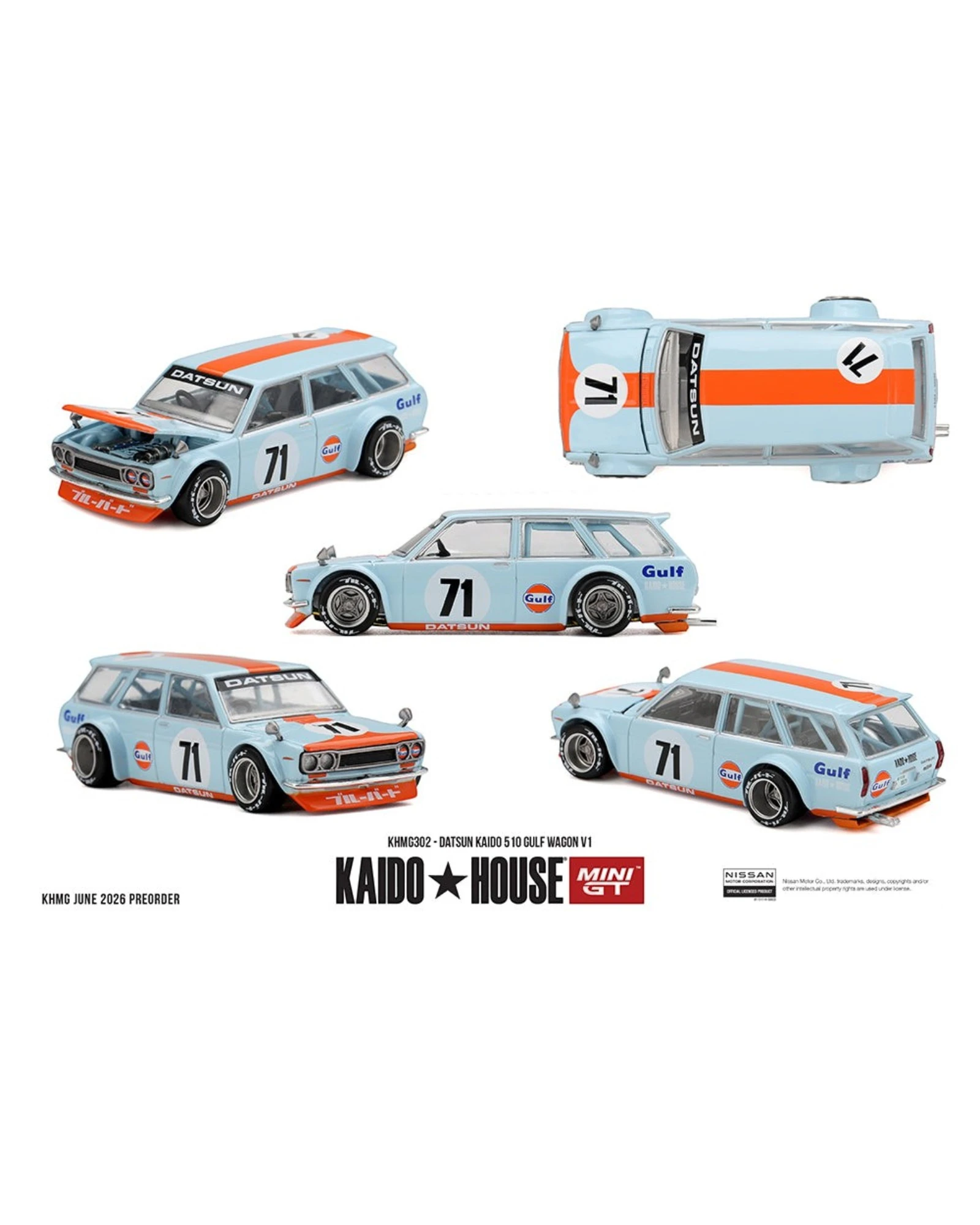 More Than Diecast Kaido House x Mini GT 1:64 Datsun 510 Gulf Wagon V1, light blue with orange stripes and Gulf branding.