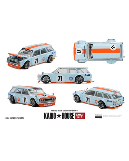 More Than Diecast Kaido House x Mini GT 1:64 Datsun 510 Gulf Wagon V1, light blue with orange stripes and Gulf branding.