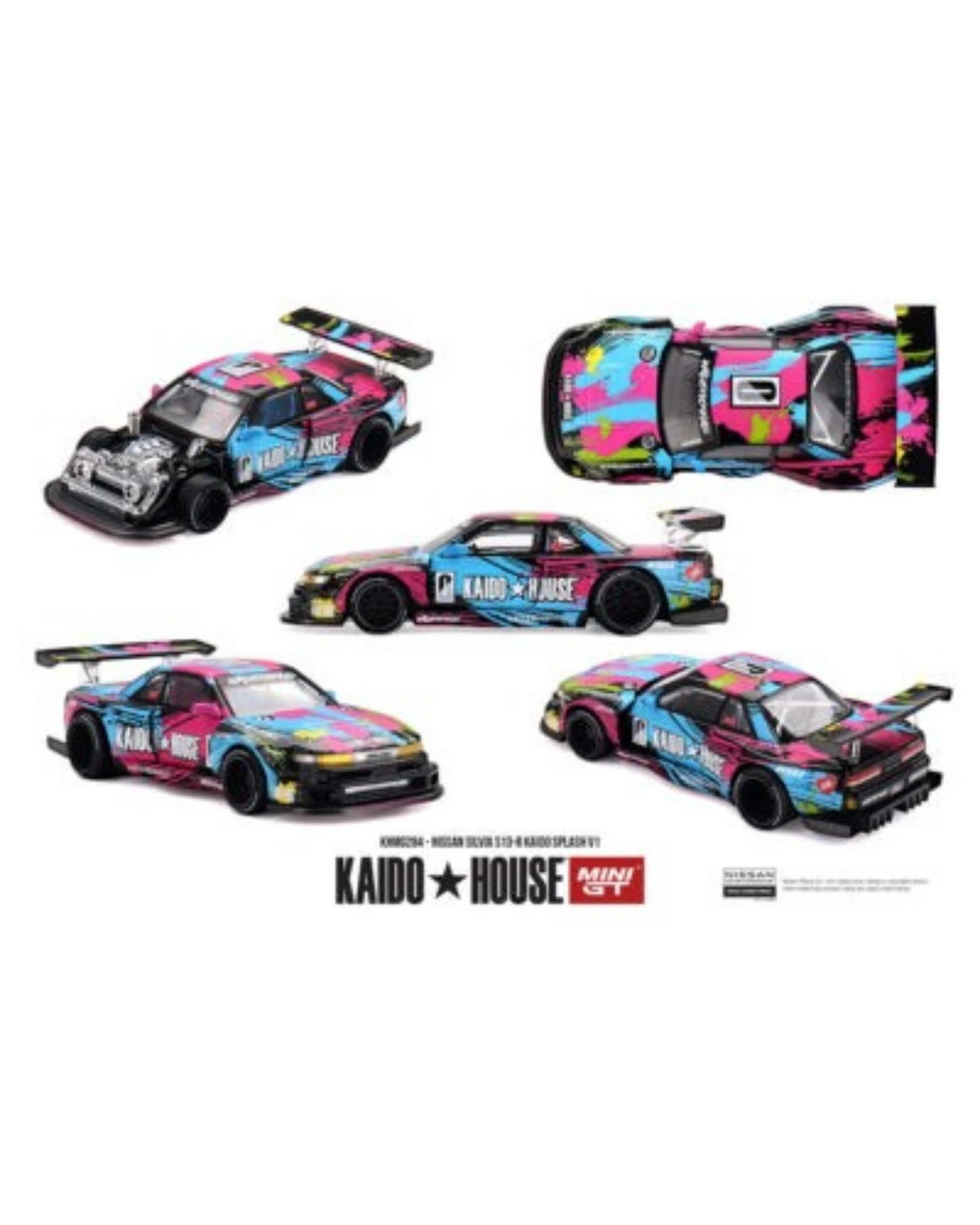 More Than Diecast Kaido House x Mini GT 1:64 Nissan Silvia S13-R Kaido Splash V1 diecast model car with vibrant pink, blue, and black graphics.