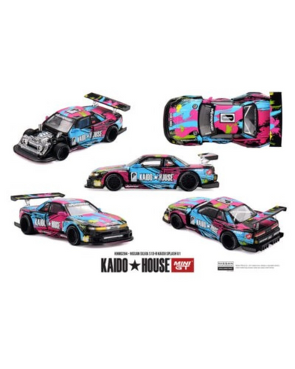 More Than Diecast Kaido House x Mini GT 1:64 Nissan Silvia S13-R Kaido Splash V1 diecast model car with vibrant pink, blue, and black graphics.