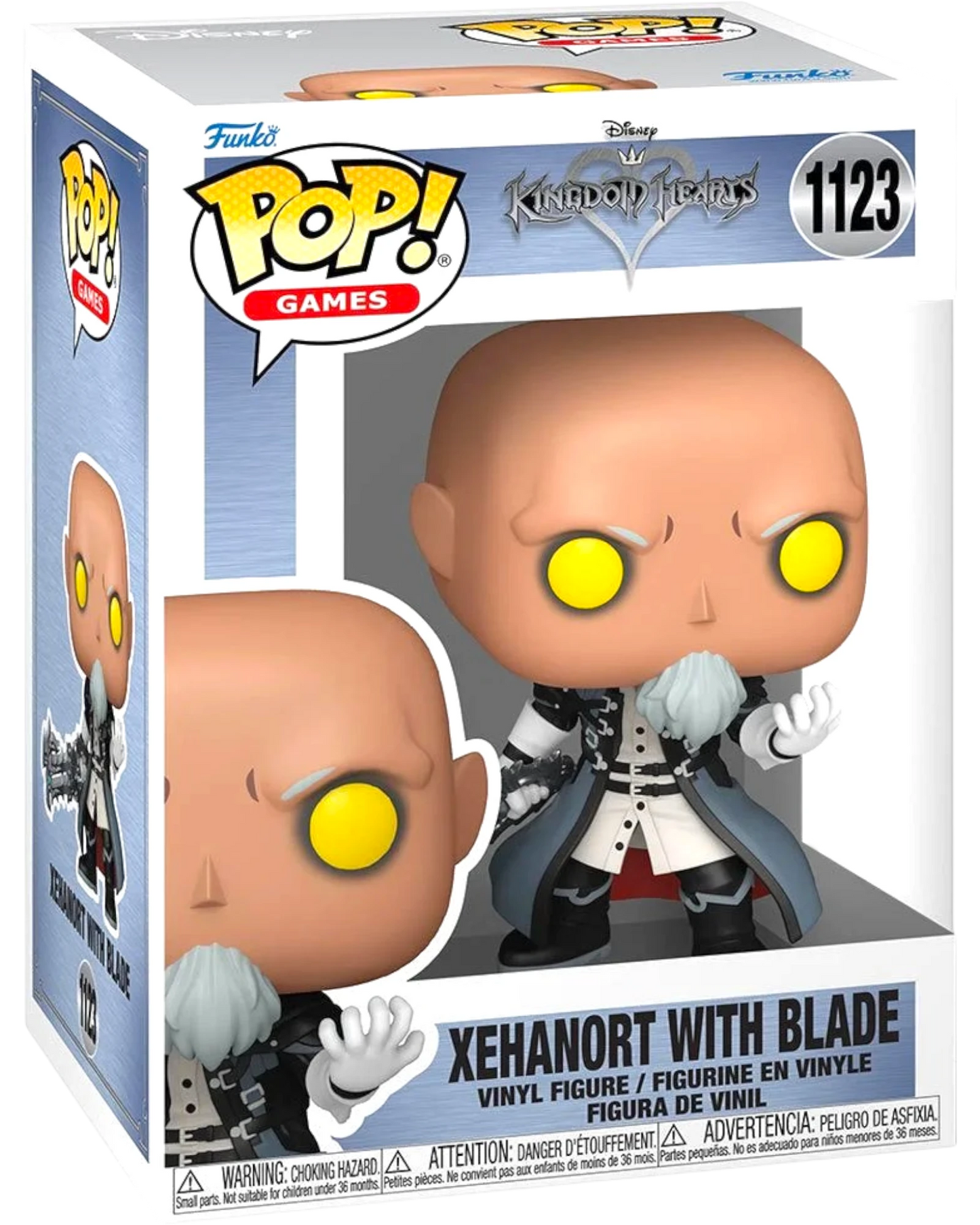 More Than Diecast Kingdom Hearts Xehanort with Blade Funko Pop! Vinyl Figure #1123, bald with yellow eyes and a grey beard, wearing a black and white coat.