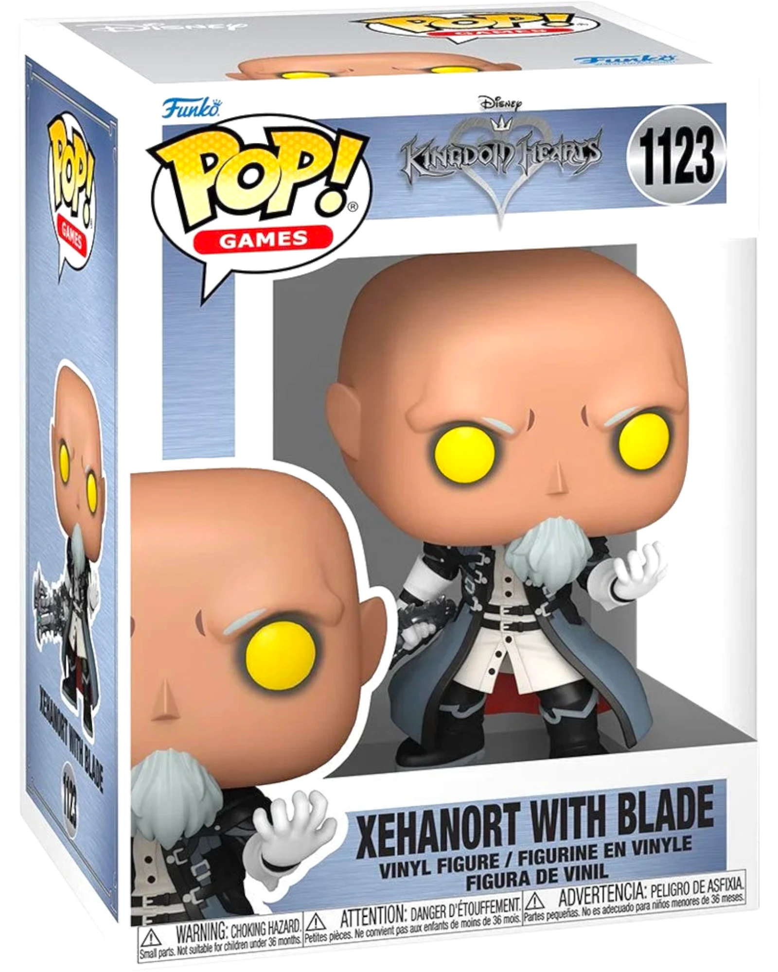 More Than Diecast Kingdom Hearts Xehanort with Blade Funko Pop! Vinyl Figure #1123, bald with yellow eyes and a grey beard, wearing a black and white coat.