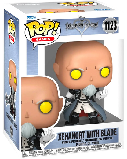 More Than Diecast Kingdom Hearts Xehanort with Blade Funko Pop! Vinyl Figure #1123, bald with yellow eyes and a grey beard, wearing a black and white coat.