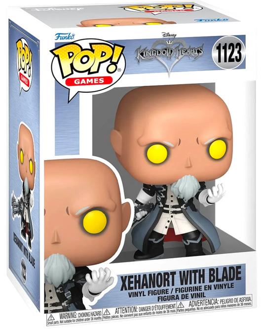 More Than Diecast Kingdom Hearts Xehanort with Blade Funko Pop! Vinyl Figure #1123, bald with yellow eyes and a grey beard, wearing a black and white coat.