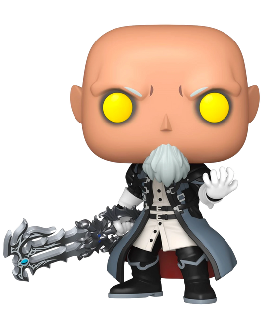 More Than Diecast Kingdom Hearts Xehanort with Blade Funko Pop! Vinyl Figure #1123, 3.75-inch, black coat, white shirt, holding a silver sword.