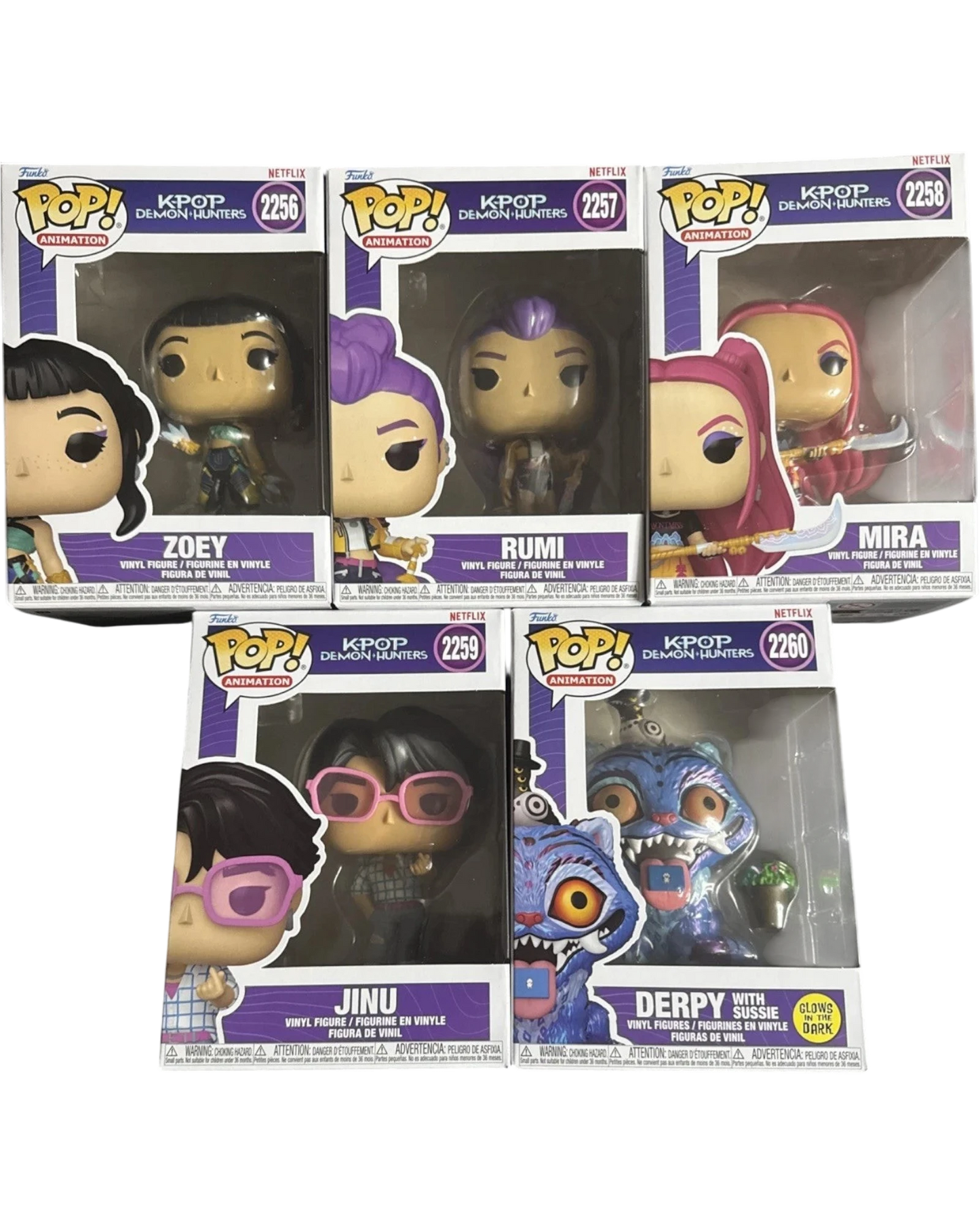 More Than Diecast Funko Pop KPOP Demon Hunters set of 5 vinyl figures including Zoey, Rumi, Mira, Jinu, and Derpy.