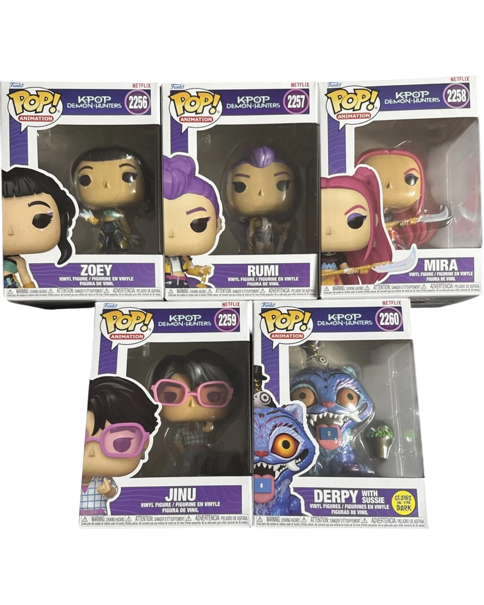 More Than Diecast Funko Pop KPOP Demon Hunters set of 5 vinyl figures including Zoey, Rumi, Mira, Jinu, and Derpy.