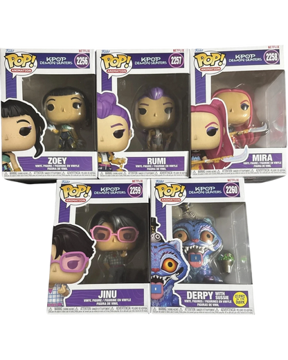 More Than Diecast Funko Pop KPOP Demon Hunters set of 5 vinyl figures including Zoey, Rumi, Mira, Jinu, and Derpy.