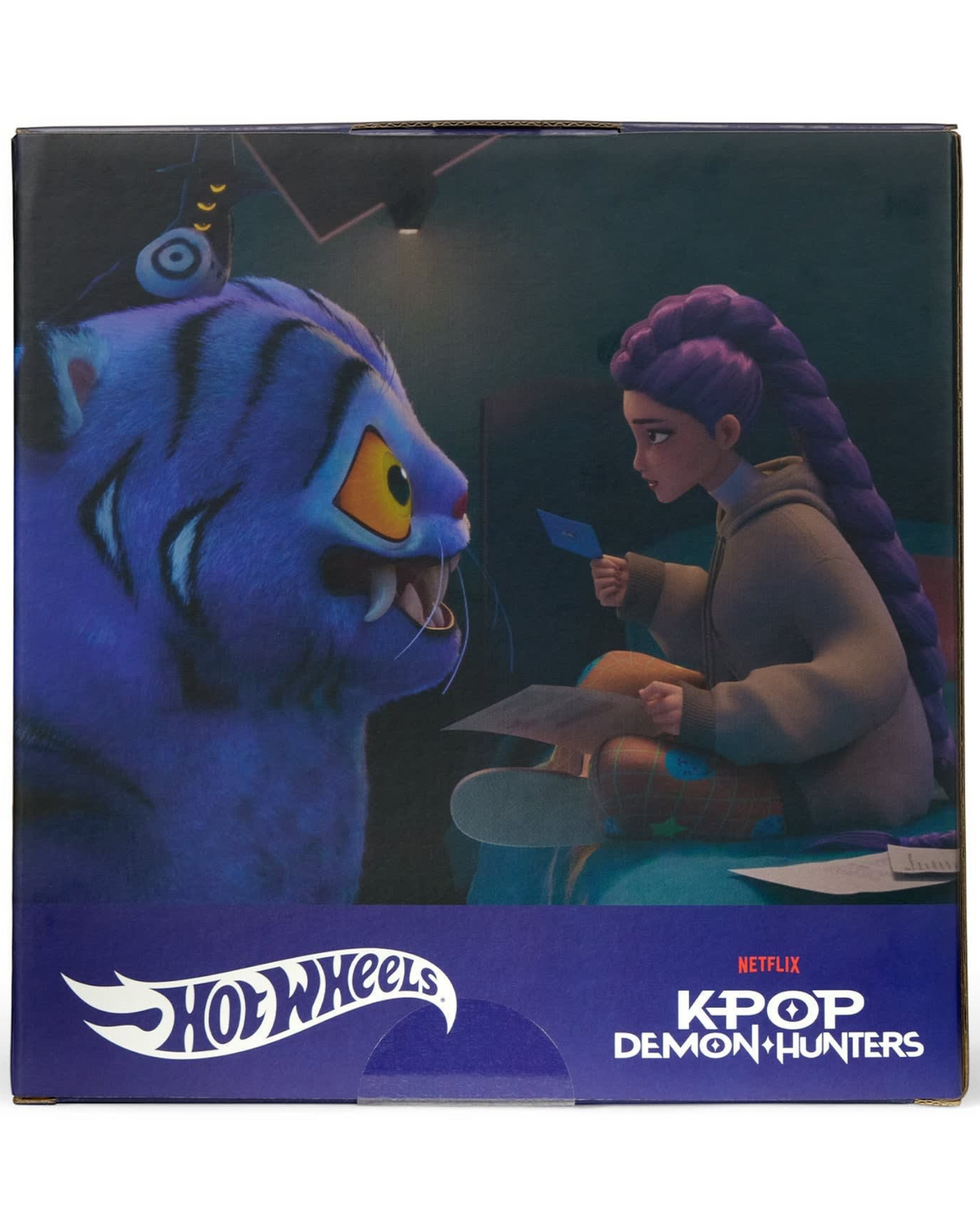 More Than Diecast Hot Wheels K-Pop Demon Hunters packaging featuring an animated girl and a blue tiger creature