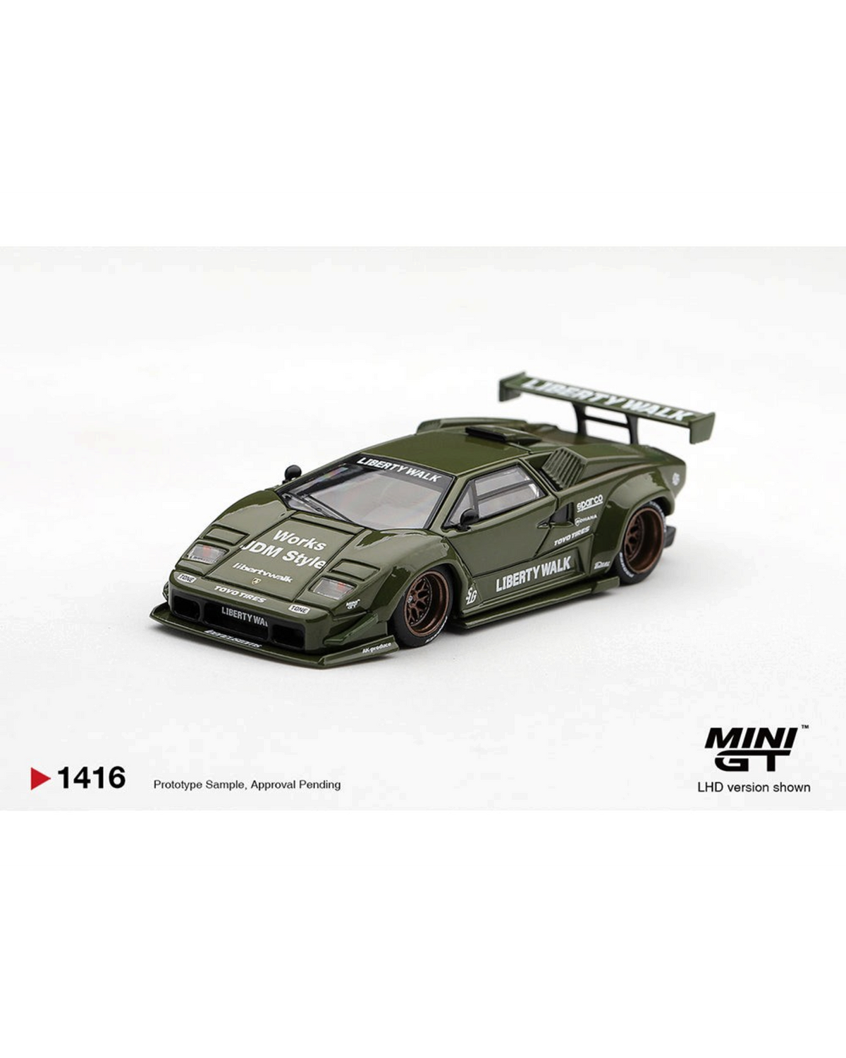 More Than Diecast Lamborghini Countach LB-WORKS model car in army green with custom widebody kit and racing decals