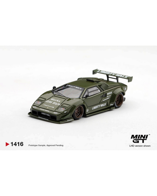 More Than Diecast Lamborghini Countach LB-WORKS model car in army green with custom widebody kit and racing decals