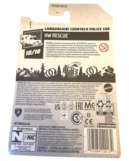 More Than Diecast Hot Wheels Lamborghini Countach Police Car Treasure Hunt card back with product information