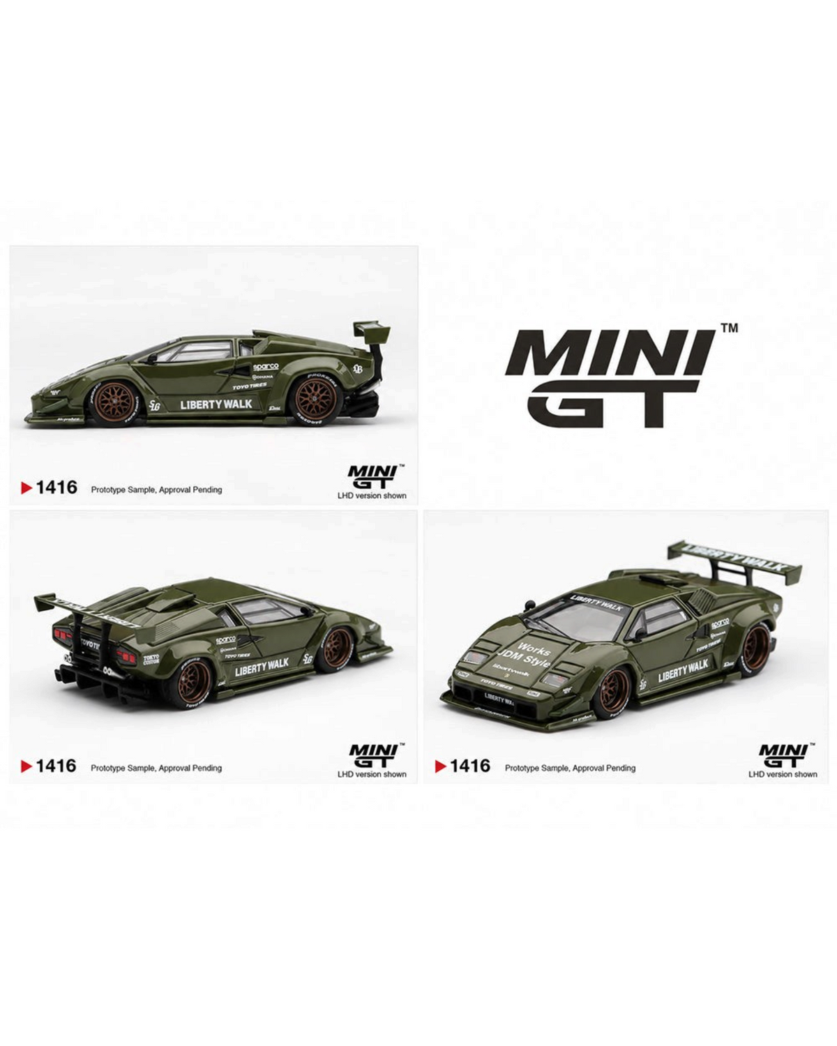 More Than Diecast Lamborghini Countach LB-WORKS model car in army green with wide body kit and racing decals