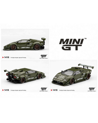 More Than Diecast Lamborghini Countach LB-WORKS model car in army green with wide body kit and racing decals