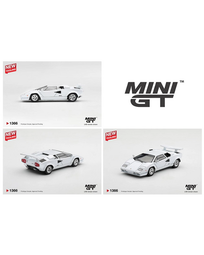 More Than Diecast Mini GT 1:64 scale white Lamborghini Countach LP500S model car showing side, rear, and front angles.