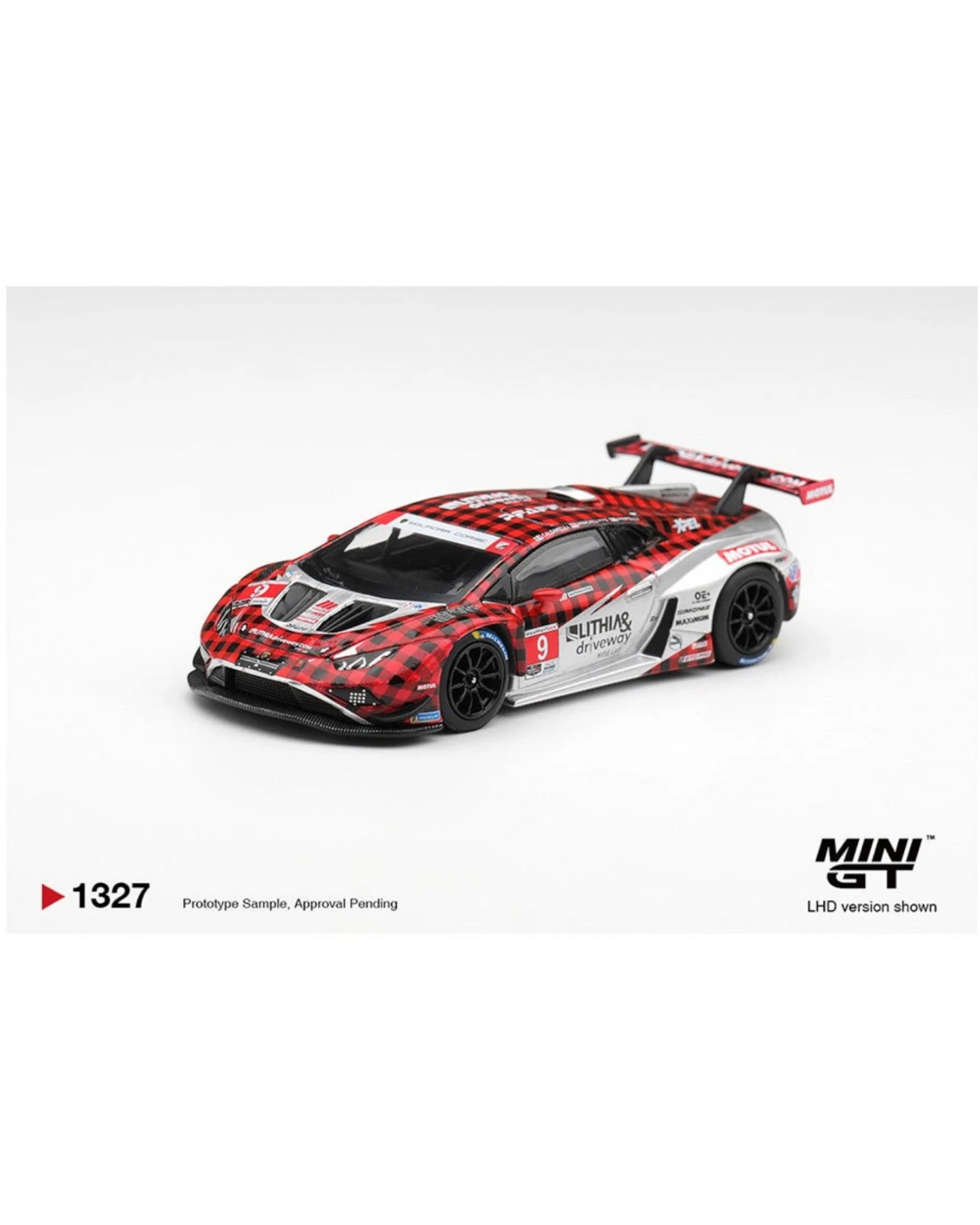 More Than Diecast Mini GT 1:64 Lamborghini Huracan GT3 EVO2 #9 Pfaff Motorsports race car with red plaid livery