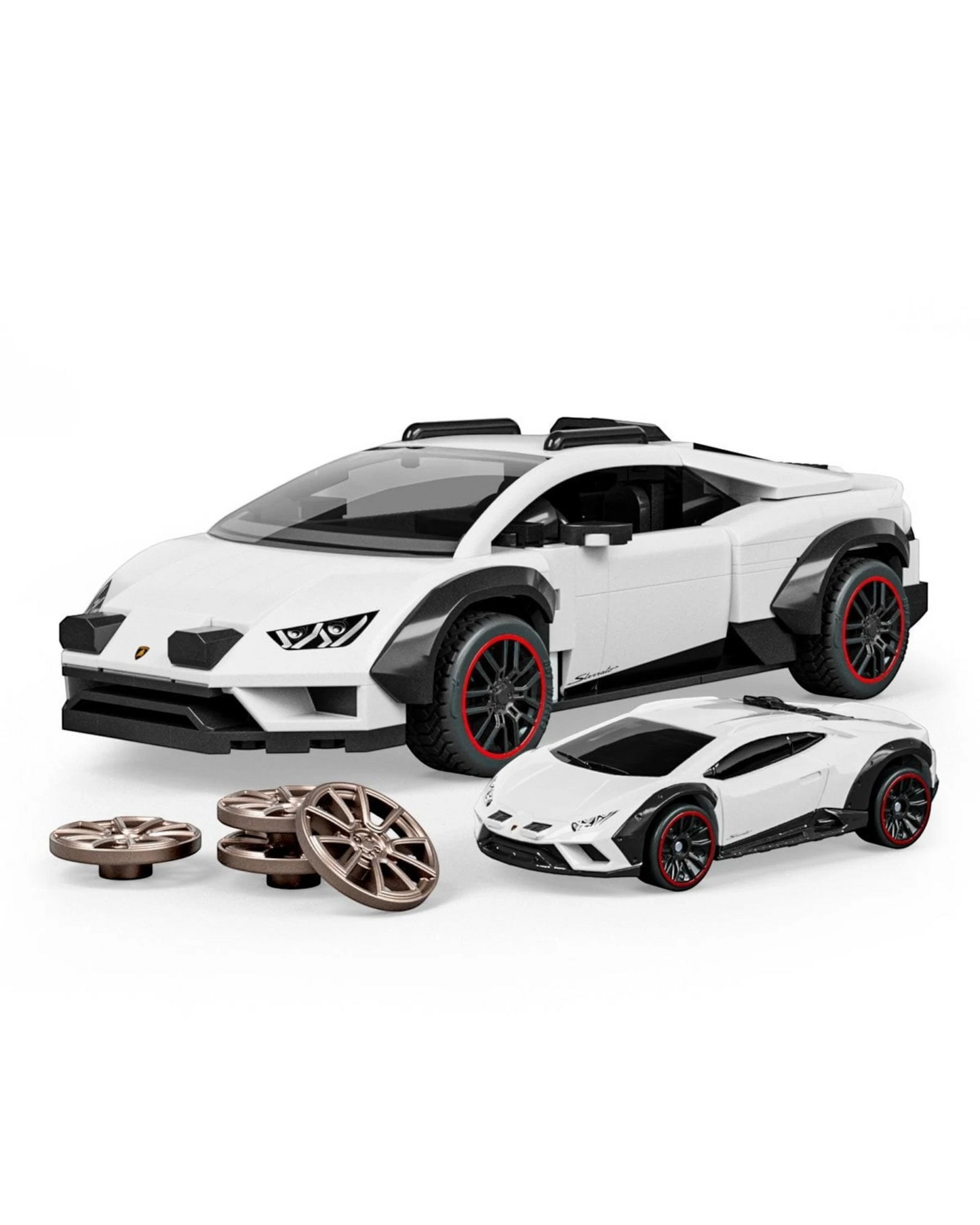 More Than Diecast Hot Wheels Lamborghini Huracan Sterrato brick building set with die-cast car and extra wheel covers