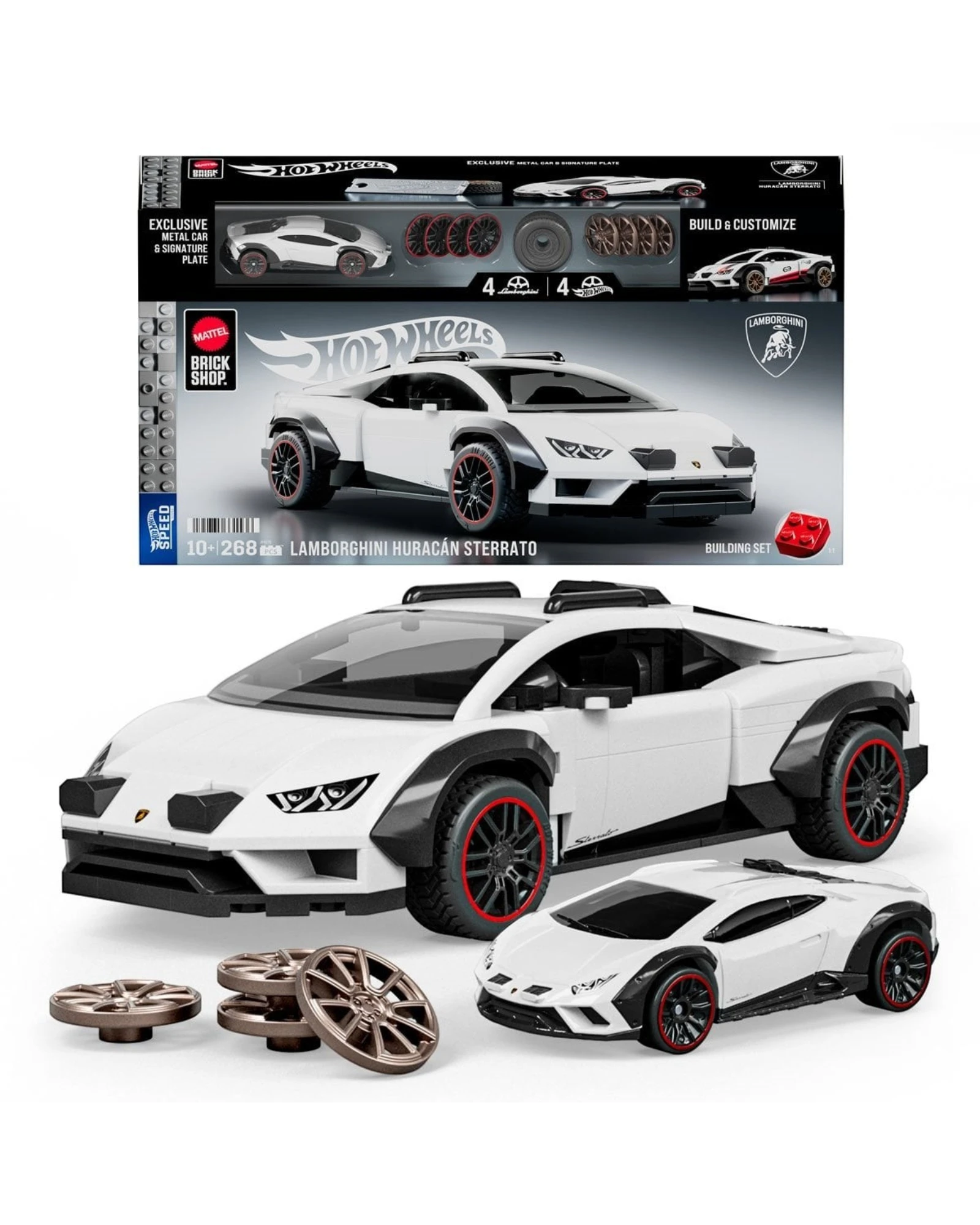 More Than Diecast Hot Wheels Lamborghini Huracan Sterrato brick building set with die-cast car and extra wheel covers