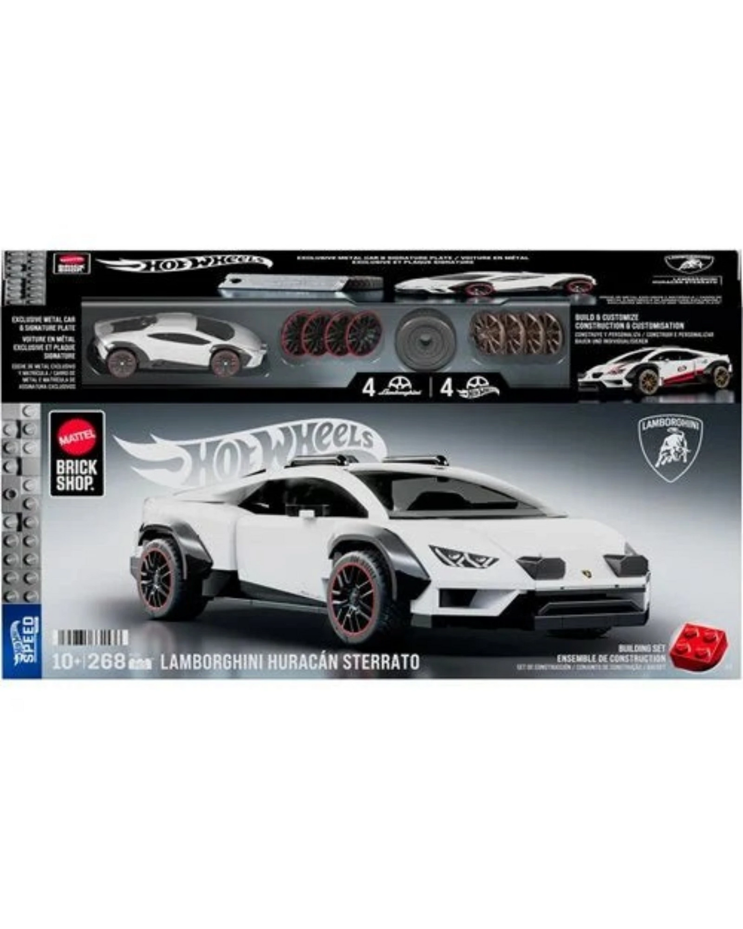 More Than Diecast Hot Wheels Brick Shop Lamborghini Huracan Sterrato 268-piece building set box with die-cast car.