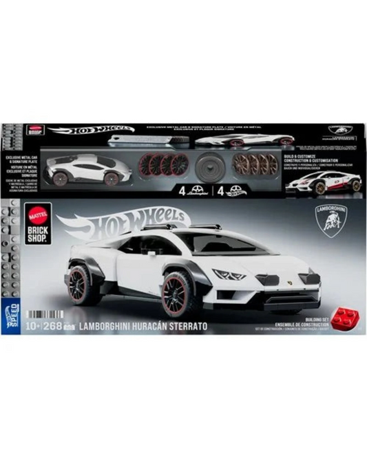 More Than Diecast Hot Wheels Brick Shop Lamborghini Huracan Sterrato 268-piece building set box with die-cast car.